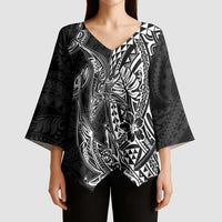 Hawaiian Whales Polynesian Art Motifs Kimono Sleeve Blouse Black Color LT03 - Polynesian Pride