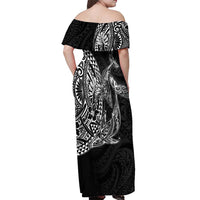 Hawaiian Whales Polynesian Art Motifs Off Shoulder Maxi Dress Black Color - Polynesian Pride