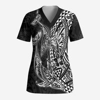 Hawaiian Whales Polynesian Art Motifs Scrub Top Black Color - Polynesian Pride