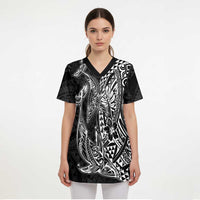 Hawaiian Whales Polynesian Art Motifs Scrub Top Black Color - Polynesian Pride
