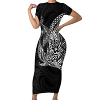 Hawaiian Whales Polynesian Art Motifs Short Sleeve Bodycon Dress Black Color - Polynesian Pride