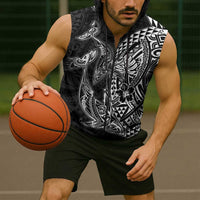 Hawaiian Whales Polynesian Art Motifs Sleeveless Zip Hoodie Black Color LT03 - Polynesian Pride