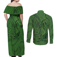 Hawaiian Whales Polynesian Art Motifs Couples Matching Off Shoulder Maxi Dress and Long Sleeve Button Shirt Green Color - Polynesian Pride