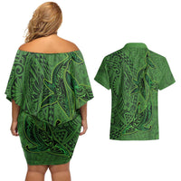 Hawaiian Whales Polynesian Art Motifs Couples Matching Off Shoulder Short Dress and Hawaiian Shirt Green Color - Polynesian Pride