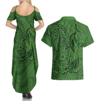 Hawaiian Whales Polynesian Art Motifs Couples Matching Summer Maxi Dress and Hawaiian Shirt Green Color - Polynesian Pride