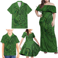 Hawaiian Whales Polynesian Art Motifs Family Matching Off Shoulder Maxi Dress and Hawaiian Shirt Green Color - Polynesian Pride