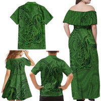 Hawaiian Whales Polynesian Art Motifs Family Matching Off Shoulder Maxi Dress and Hawaiian Shirt Green Color - Polynesian Pride