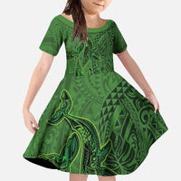 Hawaiian Whales Polynesian Art Motifs Family Matching Short Sleeve Bodycon Dress and Hawaiian Shirt Green Color - Polynesian Pride