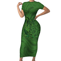 Hawaiian Whales Polynesian Art Motifs Family Matching Short Sleeve Bodycon Dress and Hawaiian Shirt Green Color - Polynesian Pride