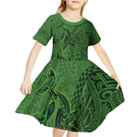 Hawaiian Whales Polynesian Art Motifs Kid Short Sleeve Dress Green Color - Polynesian Pride
