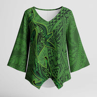 Hawaiian Whales Polynesian Art Motifs Kimono Sleeve Blouse Green Color LT03 Female Green - Polynesian Pride