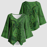 Hawaiian Whales Polynesian Art Motifs Kimono Sleeve Blouse Green Color LT03 - Polynesian Pride