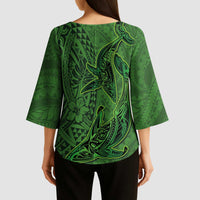 Hawaiian Whales Polynesian Art Motifs Kimono Sleeve Blouse Green Color LT03 - Polynesian Pride