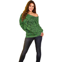 Hawaiian Whales Polynesian Art Motifs Off Shoulder Sweater Green Color - Polynesian Pride