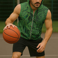 Hawaiian Whales Polynesian Art Motifs Sleeveless Zip Hoodie Green Color - Polynesian Pride