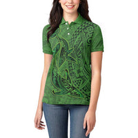 Hawaiian Whales Polynesian Art Motifs Women Polo Shirt Green Color - Polynesian Pride