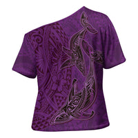 Hawaiian Whales Polynesian Art Motifs Cross Shoulder Shirt Purple Color LT03 - Polynesian Pride