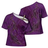 Hawaiian Whales Polynesian Art Motifs Cross Shoulder Shirt Purple Color LT03 - Polynesian Pride