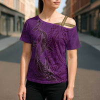 Hawaiian Whales Polynesian Art Motifs Cross Shoulder Shirt Purple Color LT03 - Polynesian Pride
