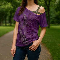 Hawaiian Whales Polynesian Art Motifs Cross Shoulder Shirt Purple Color LT03 - Polynesian Pride