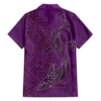 Hawaiian Whales Polynesian Art Motifs Family Matching Long Sleeve Bodycon Dress and Hawaiian Shirt Purple Color - Polynesian Pride