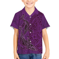 Hawaiian Whales Polynesian Art Motifs Family Matching Short Sleeve Bodycon Dress and Hawaiian Shirt Purple Color - Polynesian Pride
