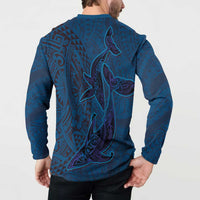 Hawaiian Whales Polynesian Art Motifs Button Sweatshirt Blue Color LT03 - Polynesian Pride