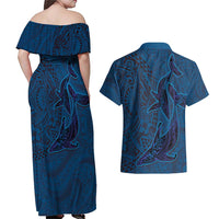 Hawaiian Whales Polynesian Art Motifs Couples Matching Off Shoulder Maxi Dress and Hawaiian Shirt Blue Color - Polynesian Pride