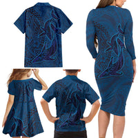 Hawaiian Whales Polynesian Art Motifs Family Matching Long Sleeve Bodycon Dress and Hawaiian Shirt Blue Color - Polynesian Pride