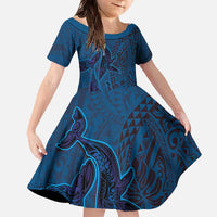 Hawaiian Whales Polynesian Art Motifs Family Matching Off The Shoulder Long Sleeve Dress and Hawaiian Shirt Blue Color - Polynesian Pride