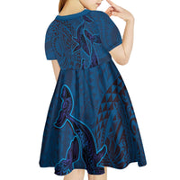 Hawaiian Whales Polynesian Art Motifs Kid Short Sleeve Dress Blue Color - Polynesian Pride