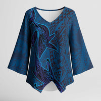 Hawaiian Whales Polynesian Art Motifs Kimono Sleeve Blouse Blue Color LT03 Female Blue - Polynesian Pride