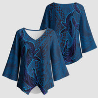 Hawaiian Whales Polynesian Art Motifs Kimono Sleeve Blouse Blue Color LT03 - Polynesian Pride