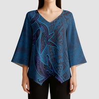 Hawaiian Whales Polynesian Art Motifs Kimono Sleeve Blouse Blue Color LT03 - Polynesian Pride