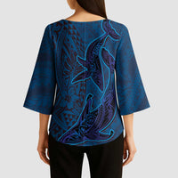Hawaiian Whales Polynesian Art Motifs Kimono Sleeve Blouse Blue Color LT03 - Polynesian Pride