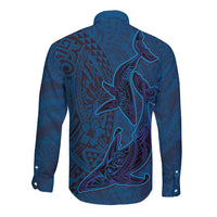 Hawaiian Whales Polynesian Art Motifs Long Sleeve Button Shirt Blue Color LT03 - Polynesian Pride