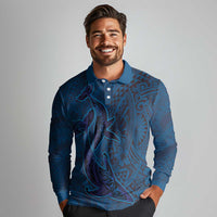 Hawaiian Whales Polynesian Art Motifs Long Sleeve Polo Shirt Blue Color LT03 - Polynesian Pride