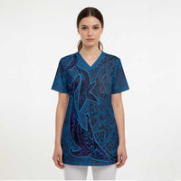 Hawaiian Whales Polynesian Art Motifs Scrub Top Blue Color - Polynesian Pride