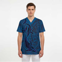 Hawaiian Whales Polynesian Art Motifs Scrub Top Blue Color - Polynesian Pride