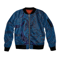 Hawaiian Whales Polynesian Art Motifs Sleeve Zip Bomber Jacket Blue Color - Polynesian Pride
