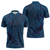 Hawaiian Whales Polynesian Art Motifs Zipper Polo Shirt Blue Color LT03 - Polynesian Pride