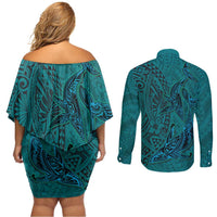 Hawaiian Whales Polynesian Art Motifs Couples Matching Off Shoulder Short Dress and Long Sleeve Button Shirt Turquoise Color - Polynesian Pride