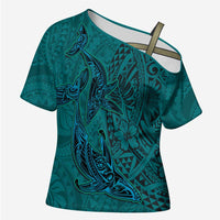 Hawaiian Whales Polynesian Art Motifs Cross Shoulder Shirt Turquoise Color LT03 Female Turquoise - Polynesian Pride