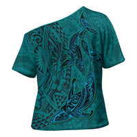Hawaiian Whales Polynesian Art Motifs Cross Shoulder Shirt Turquoise Color LT03 - Polynesian Pride