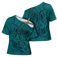 Hawaiian Whales Polynesian Art Motifs Cross Shoulder Shirt Turquoise Color LT03 - Polynesian Pride