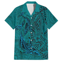 Hawaiian Whales Polynesian Art Motifs Family Matching Short Sleeve Bodycon Dress and Hawaiian Shirt Turquoise Color - Polynesian Pride