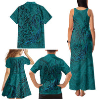Hawaiian Whales Polynesian Art Motifs Family Matching Tank Maxi Dress and Hawaiian Shirt Turquoise Color - Polynesian Pride
