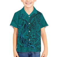 Hawaiian Whales Polynesian Art Motifs Kid Hawaiian Shirt Turquoise Color - Polynesian Pride