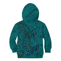 Hawaiian Whales Polynesian Art Motifs Kid Hoodie Turquoise Color - Polynesian Pride