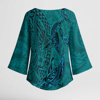 Hawaiian Whales Polynesian Art Motifs Kimono Sleeve Blouse Turquoise Color LT03 - Polynesian Pride